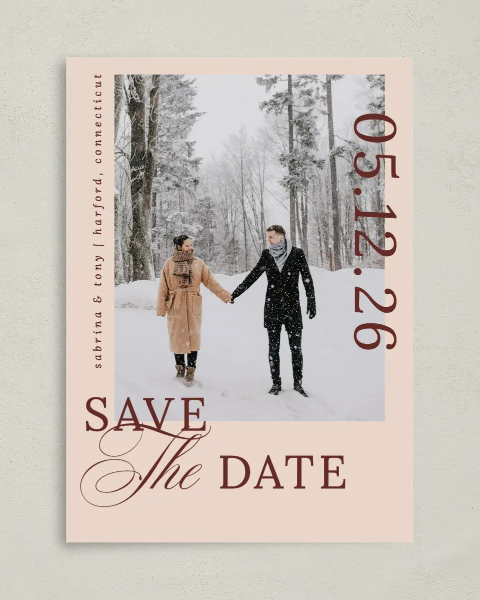 This is a 5" x 7" Save the Date Card called Connected Hearts printed in full color on Premium Smooth paper