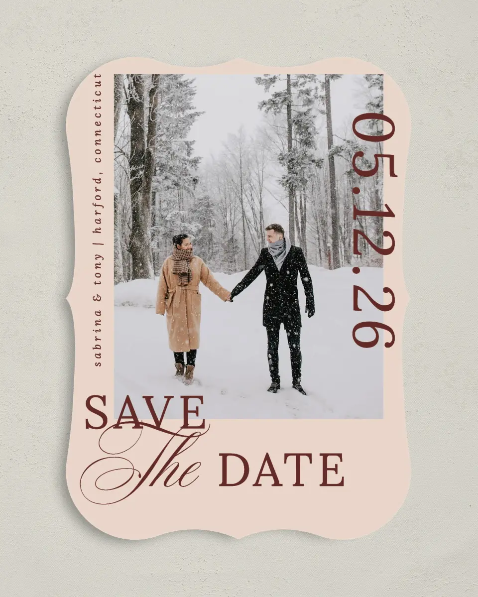 This is a 5" x 7" Save the Date Card called Connected Hearts printed in full color on Premium Smooth paper