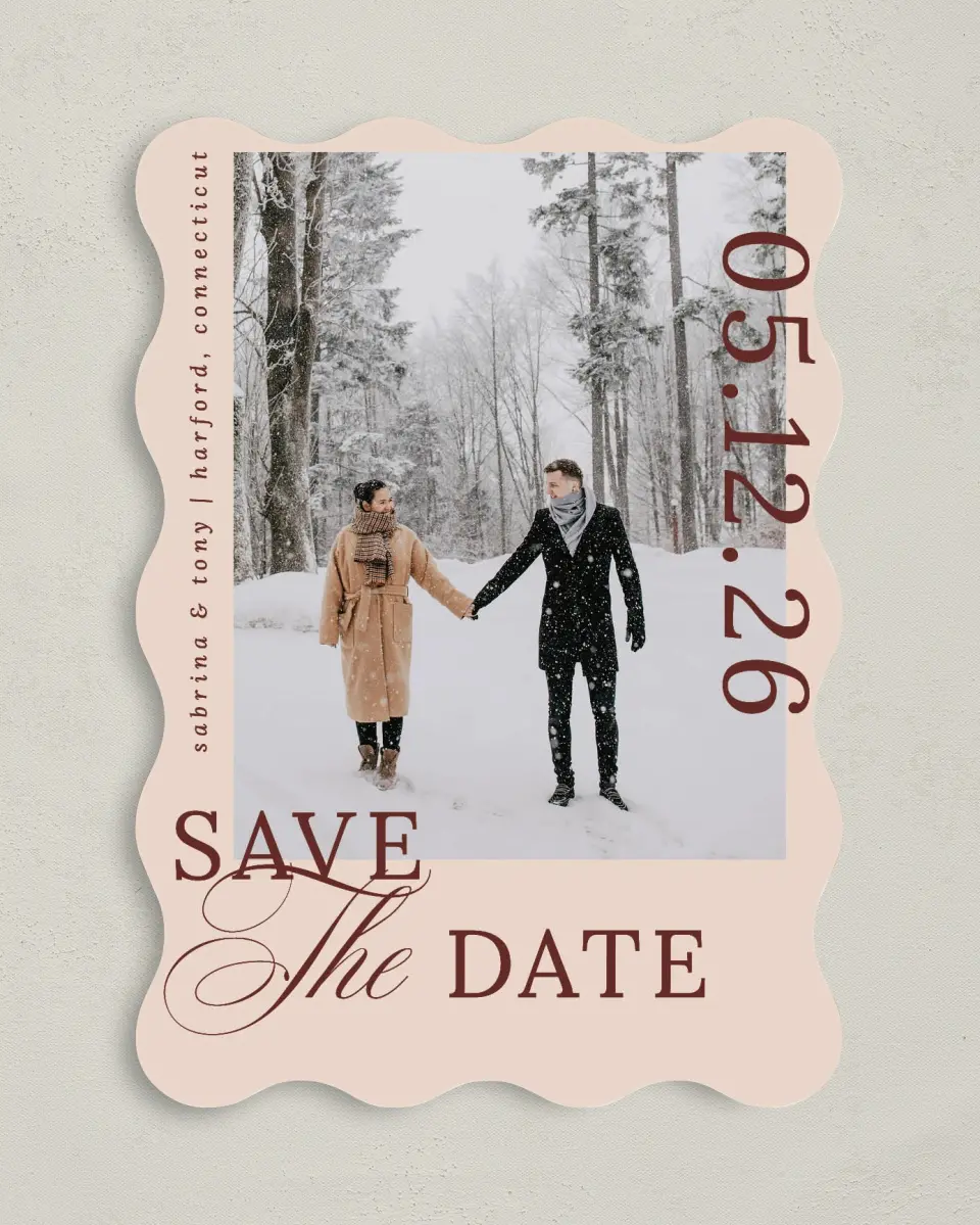 This is a 5" x 7" Save the Date Card called Connected Hearts printed in full color on Premium Smooth paper