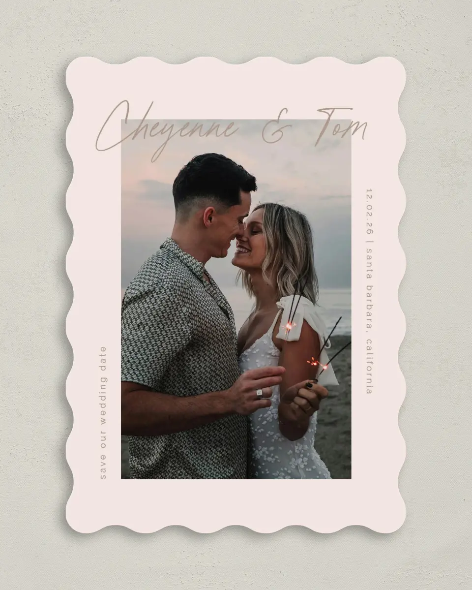 This is a 5" x 7" Save the Date Card called Sparks Flying printed in full color on Premium Smooth paper
