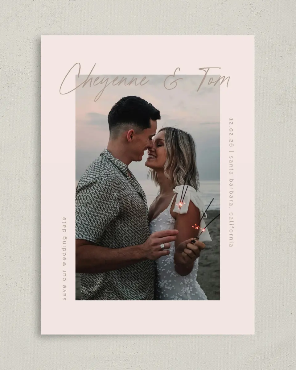 This is a 5" x 7" Save the Date Card called Sparks Flying printed in full color on Premium Smooth paper