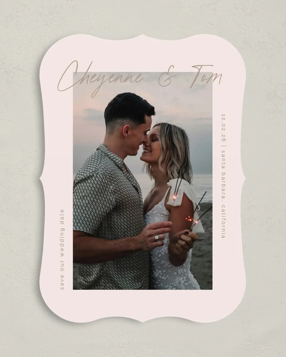 This is a 5" x 7" Save the Date Card called Sparks Flying printed in full color on Premium Smooth paper