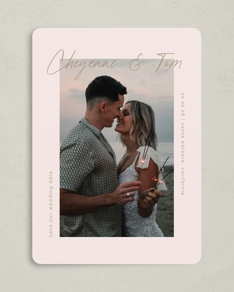 This is a 5" x 7" Save the Date Card called Sparks Flying printed in full color on Premium Smooth paper