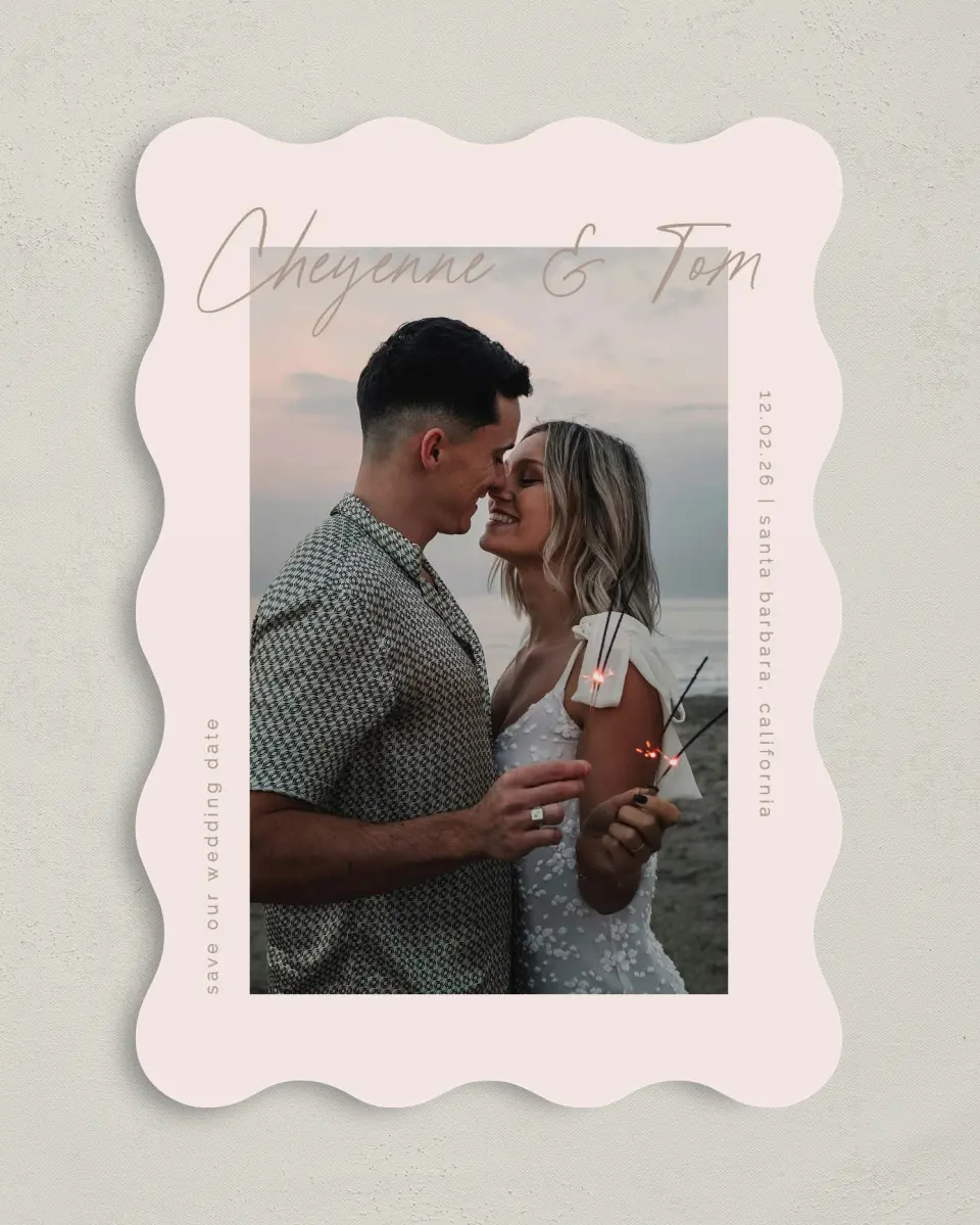 This is a 5" x 7" Save the Date Card called Sparks Flying printed in full color on Premium Smooth paper
