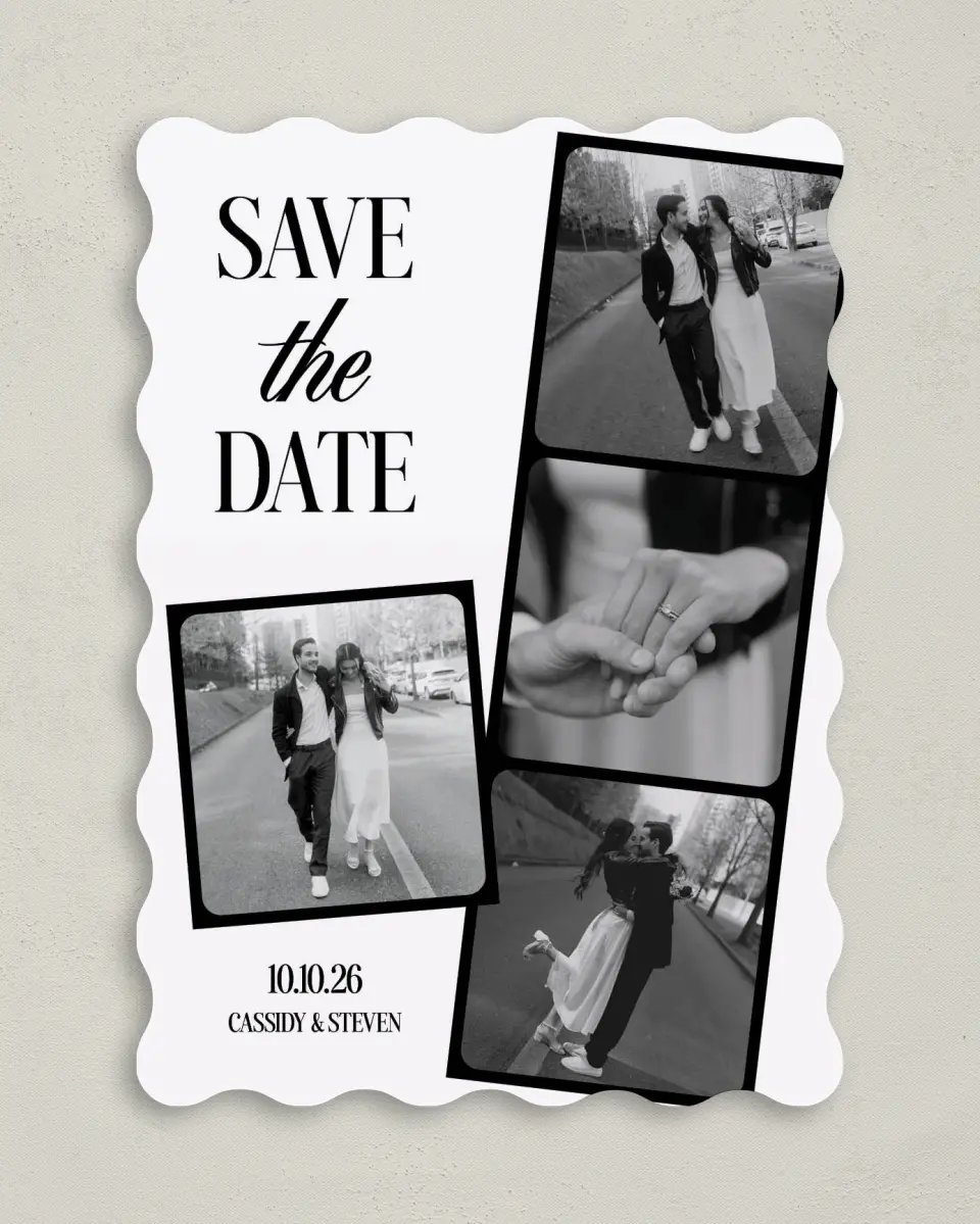 This is a 5" x 7" Save the Date Card called Photo Strip printed in full color on Premium Smooth paper