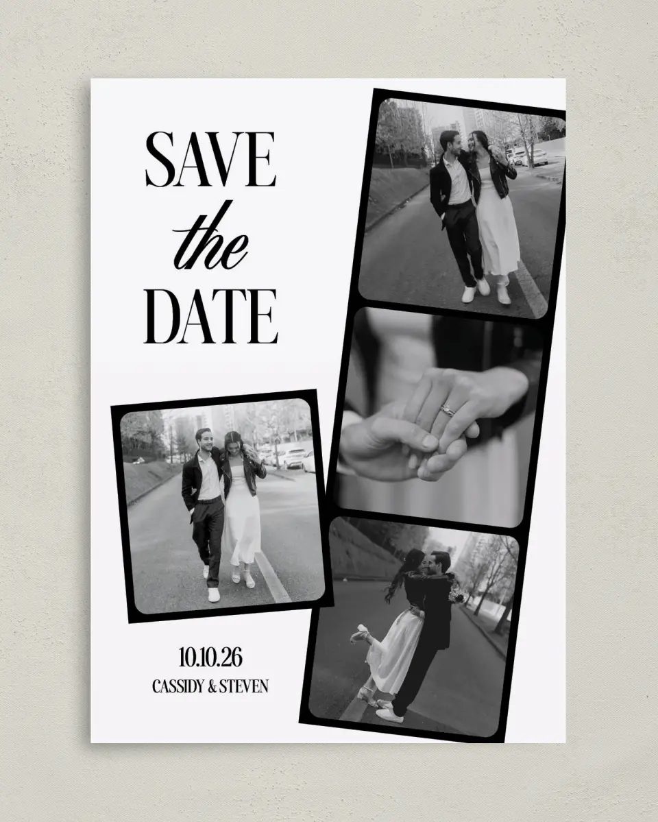 This is a 5" x 7" Save the Date Card called Photo Strip printed in full color on Premium Smooth paper