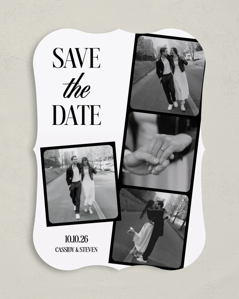 This is a 5" x 7" Save the Date Card called Photo Strip printed in full color on Premium Smooth paper
