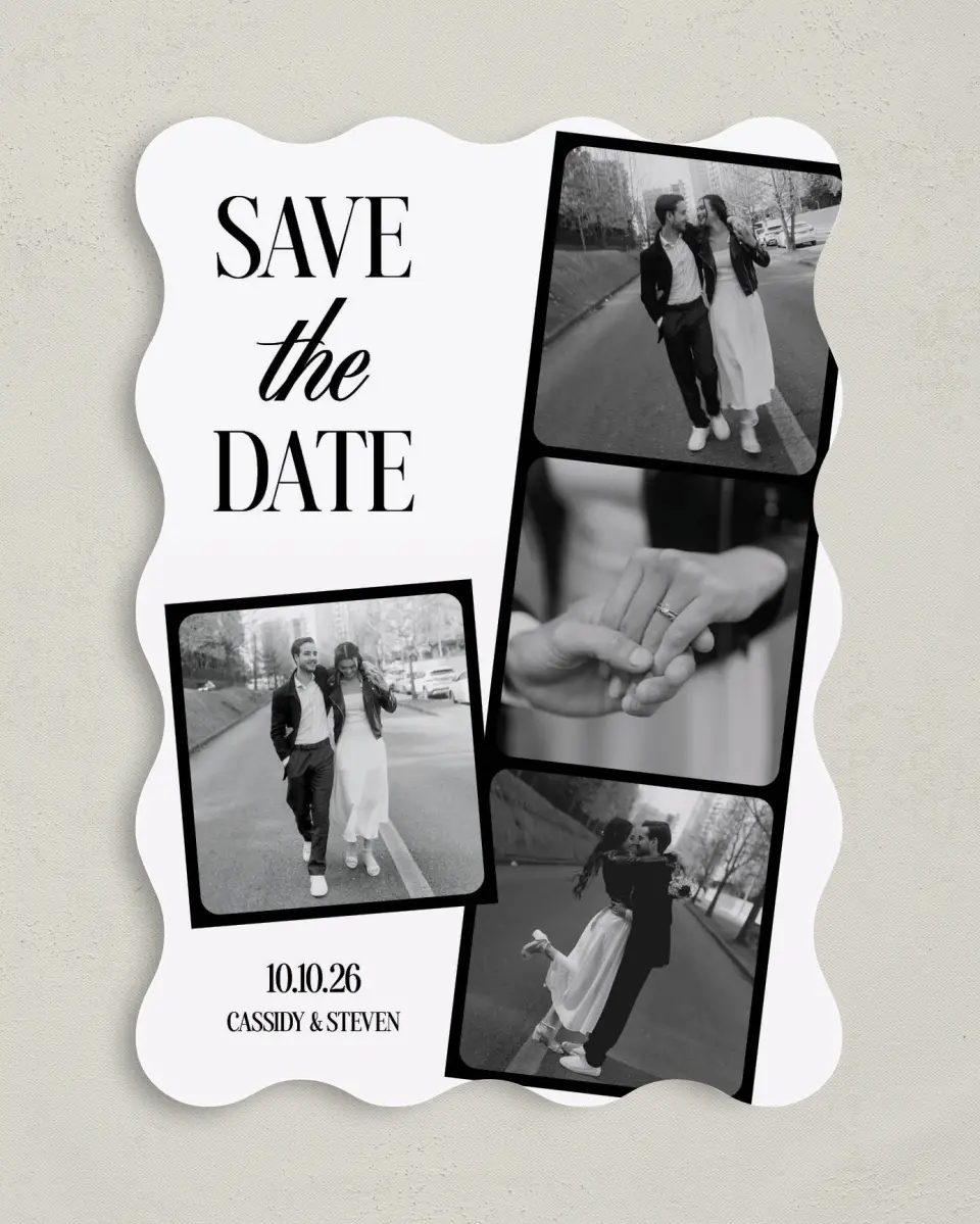 This is a 5" x 7" Save the Date Card called Photo Strip printed in full color on Premium Smooth paper
