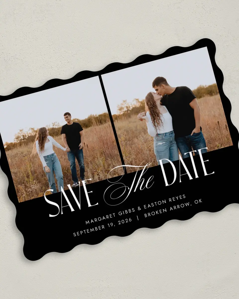 This is a 5" x 7" Save the Date Card called Cherished Day printed in full color on Premium Smooth paper