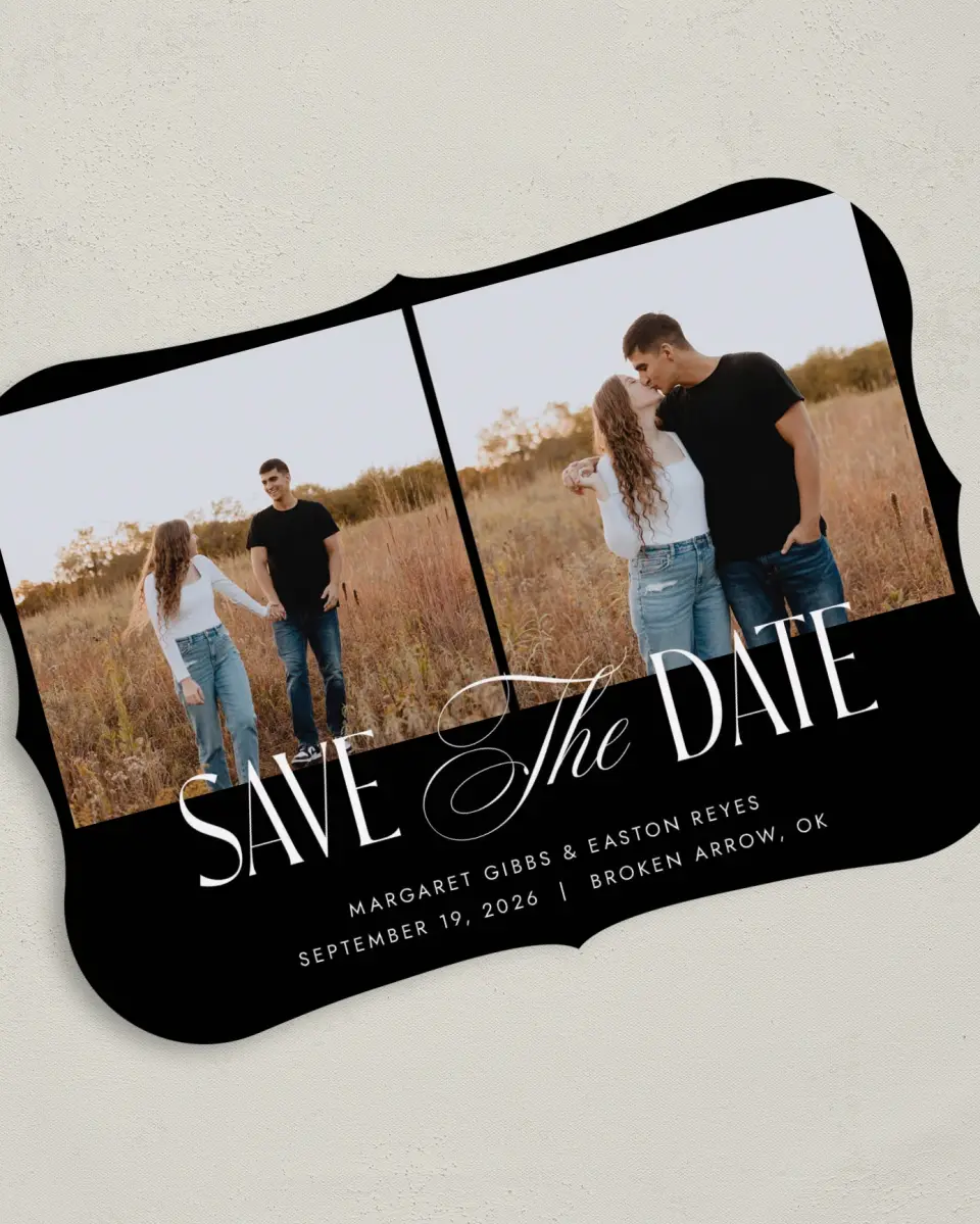 This is a 5" x 7" Save the Date Card called Cherished Day printed in full color on Premium Smooth paper