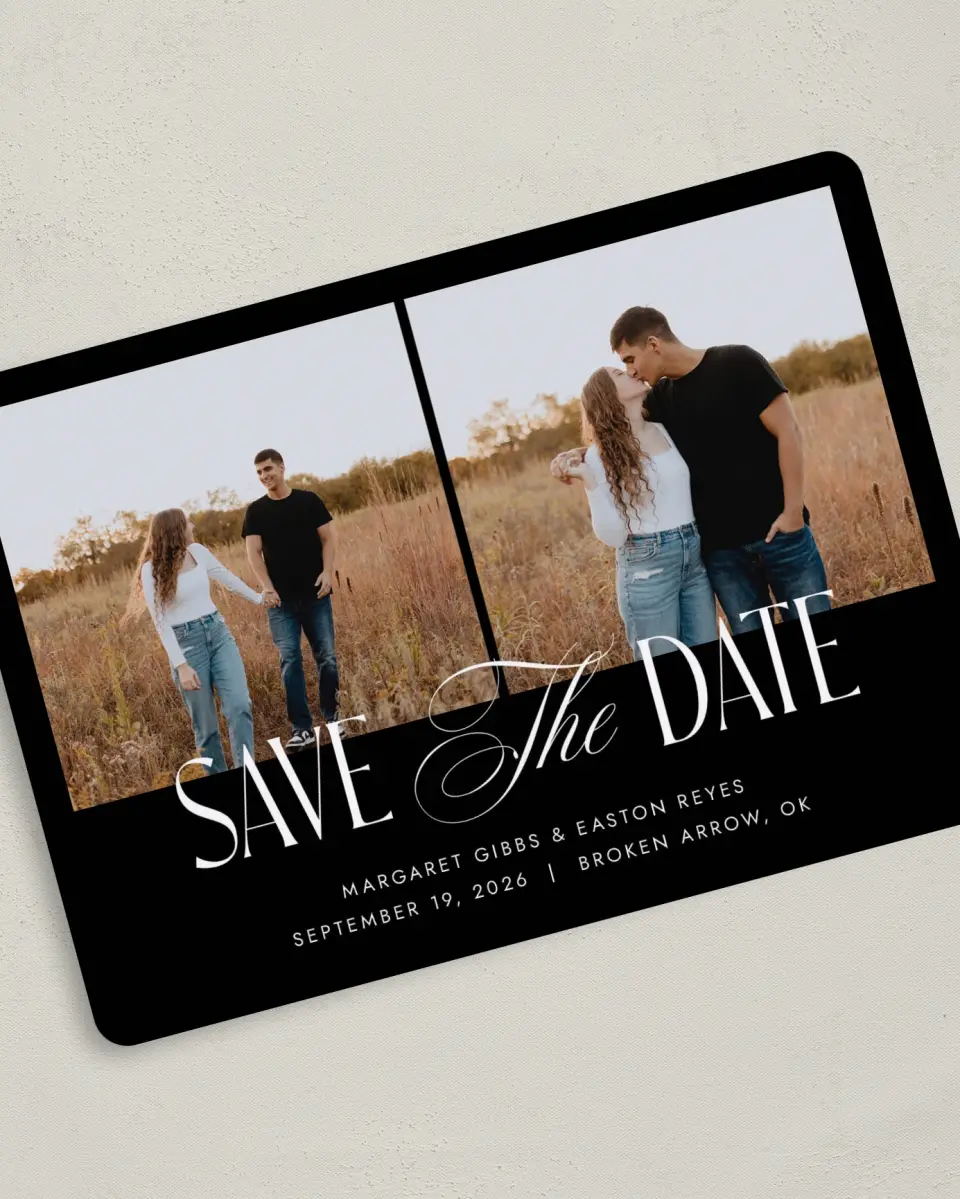 This is a 5" x 7" Save the Date Card called Cherished Day printed in full color on Premium Smooth paper
