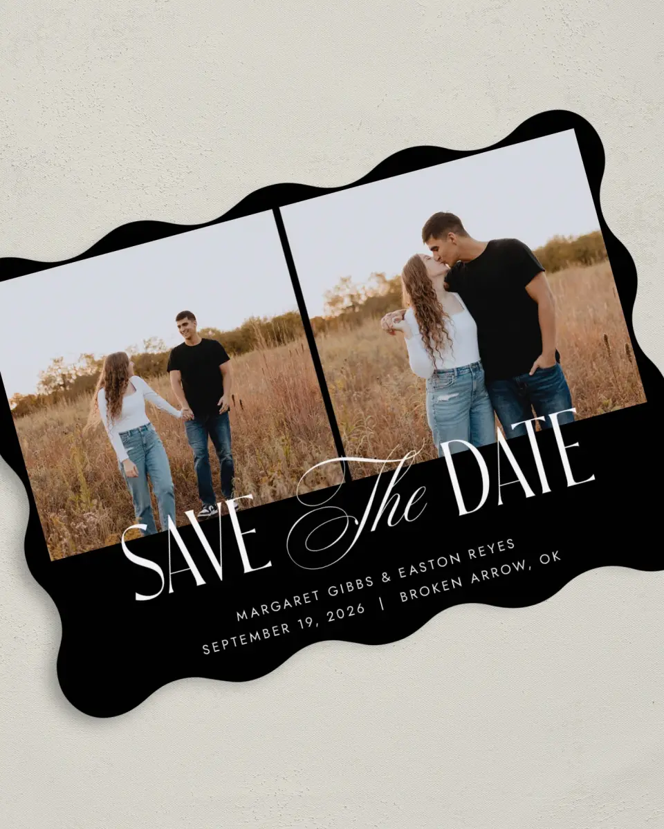 This is a 5" x 7" Save the Date Card called Cherished Day printed in full color on Premium Smooth paper
