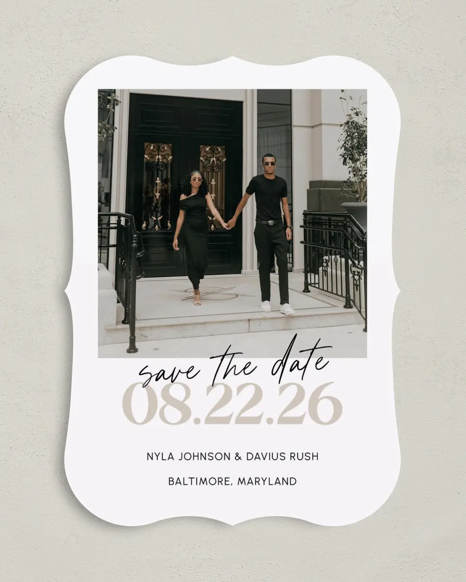 This is a 5" x 7" Save the Date Card called Bound By Love printed in full color on Premium Smooth paper