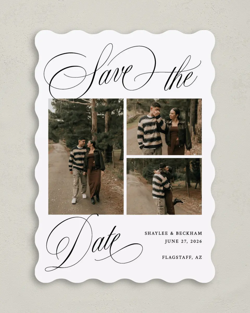 This is a 5" x 7" Save the Date Card called Scripted Elegance printed in full color on Premium Smooth paper