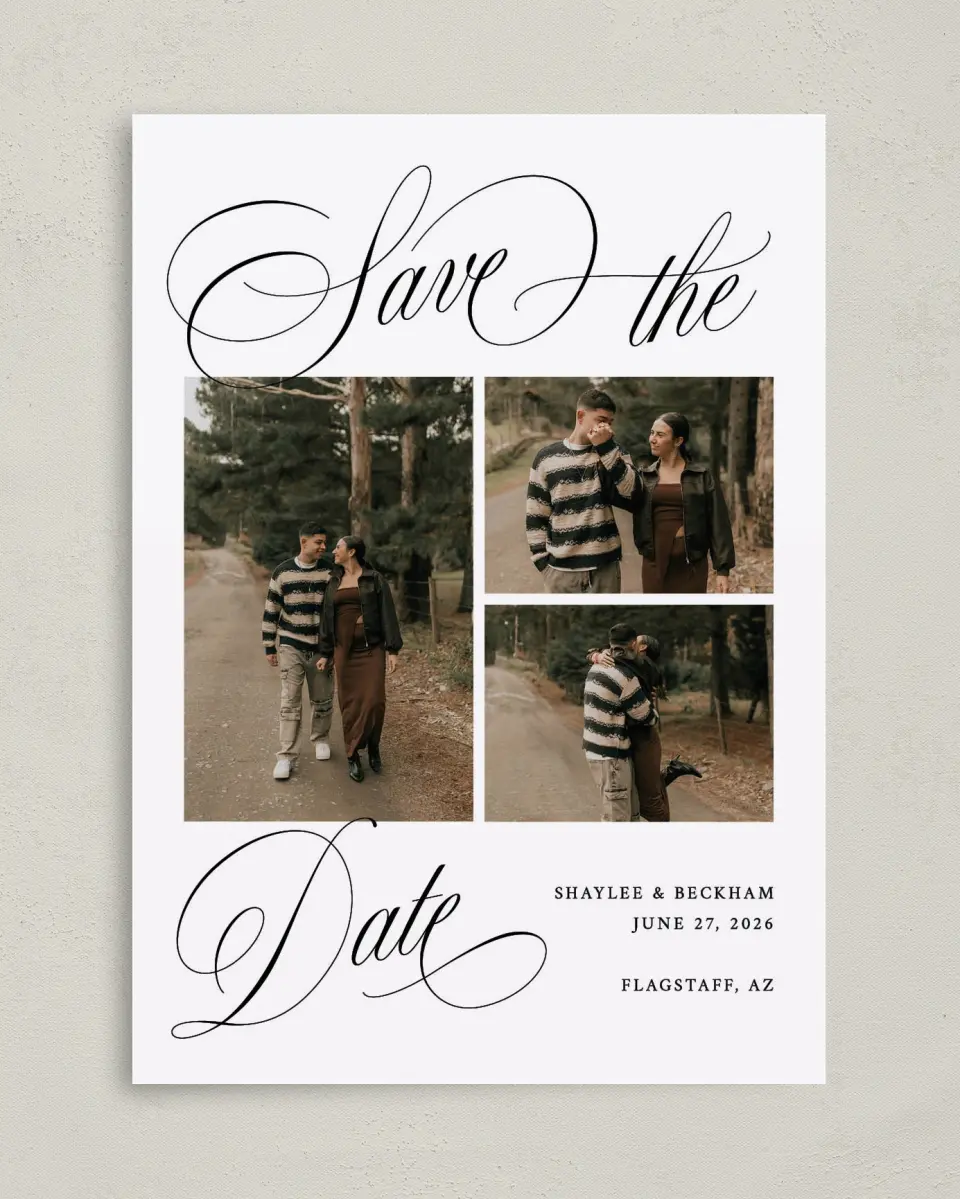 This is a 5" x 7" Save the Date Card called Scripted Elegance printed in full color with Silver foil on Luxe Satin (coated) paper