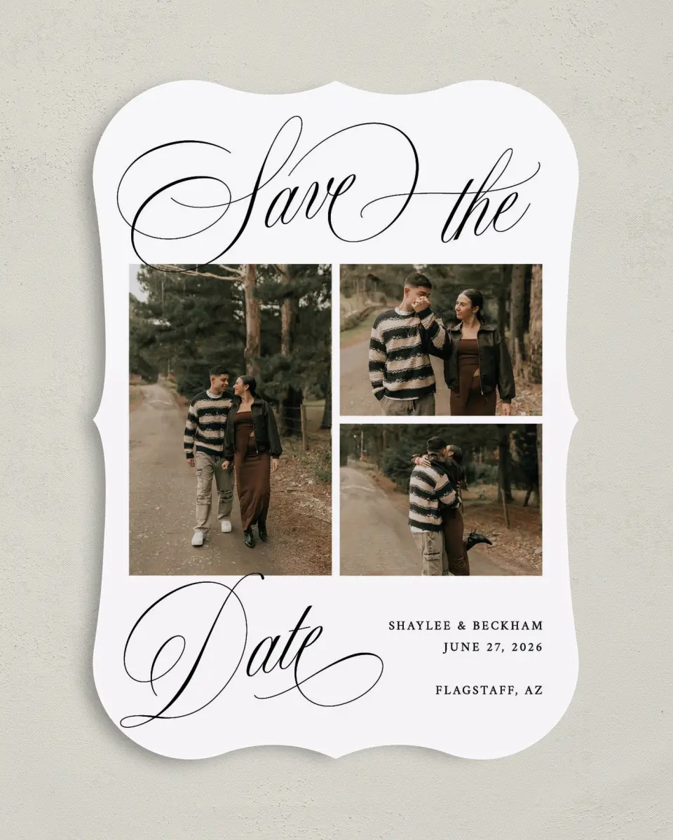 This is a 5" x 7" Save the Date Card called Scripted Elegance printed in full color on Premium Smooth paper