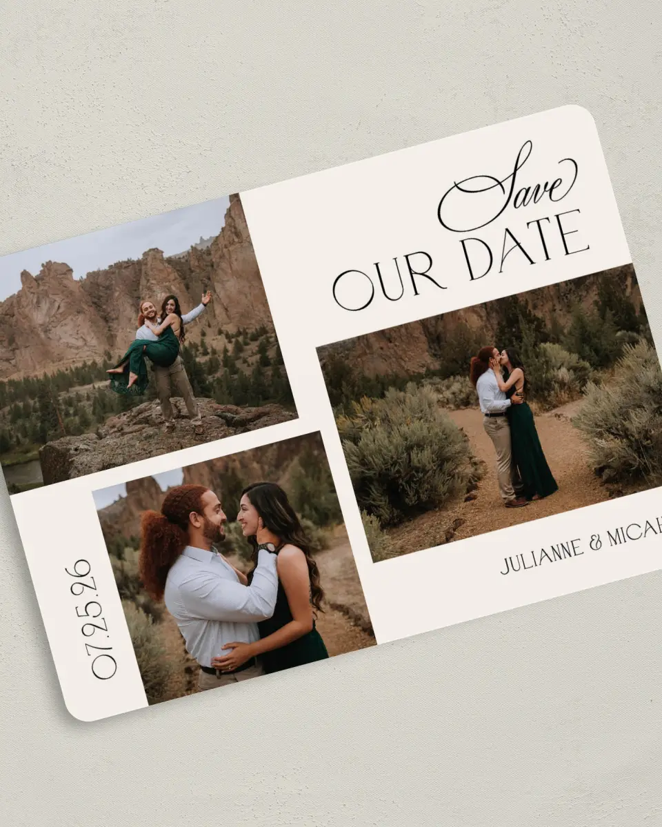 This is a 5" x 7" Save the Date Card called Our Love printed in full color on Premium Smooth paper