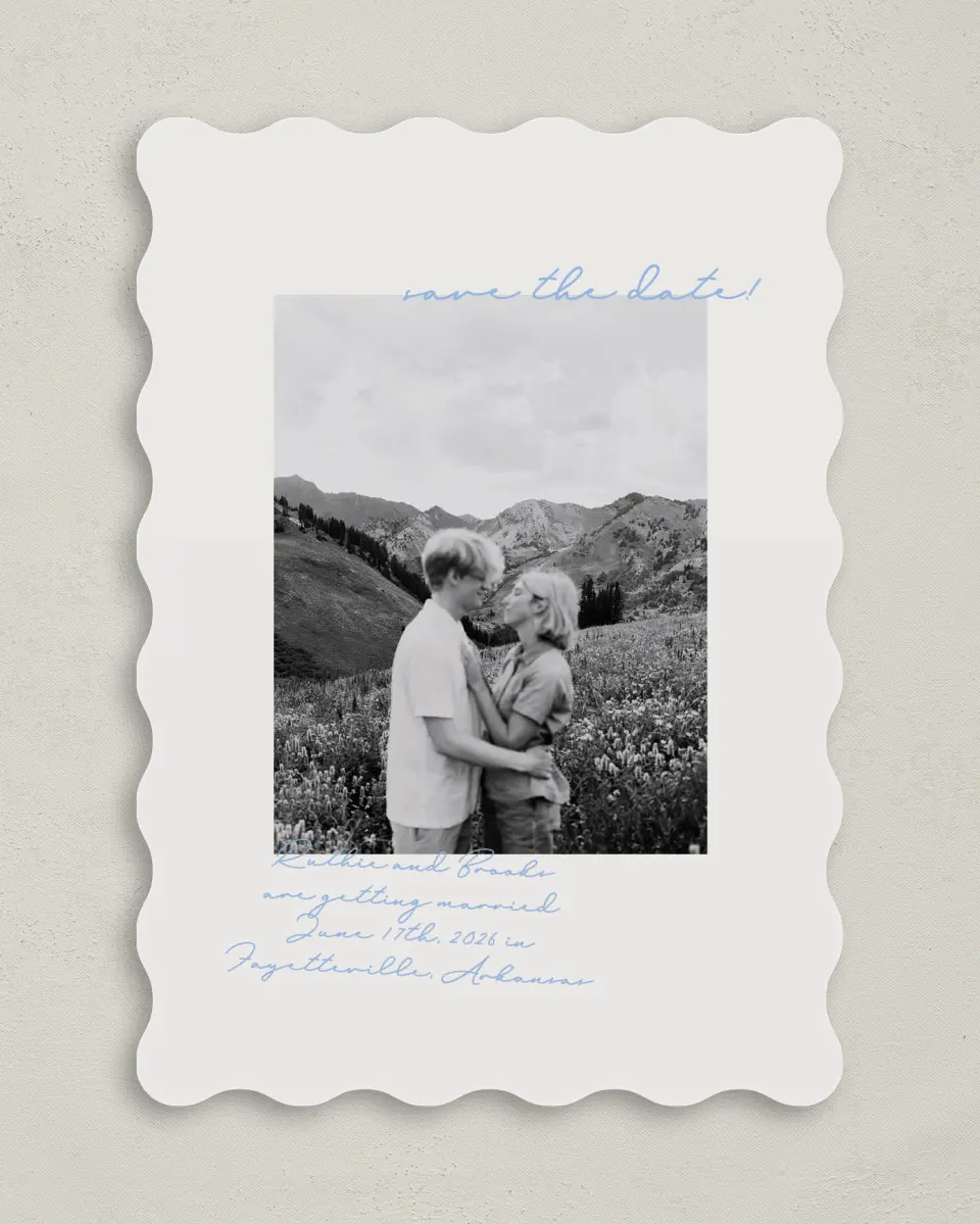This is a 5" x 7" Save the Date Card called Scripted Bliss printed in full color on Premium Smooth paper