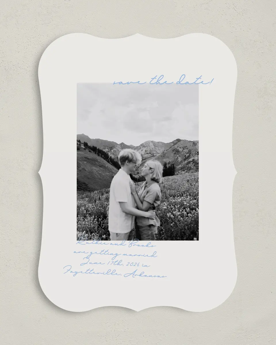 This is a 5" x 7" Save the Date Card called Scripted Bliss printed in full color on Premium Smooth paper