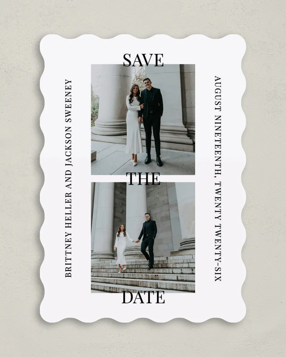 This is a 5" x 7" Save the Date Card called Bold Proclamation printed in full color on Premium Smooth paper