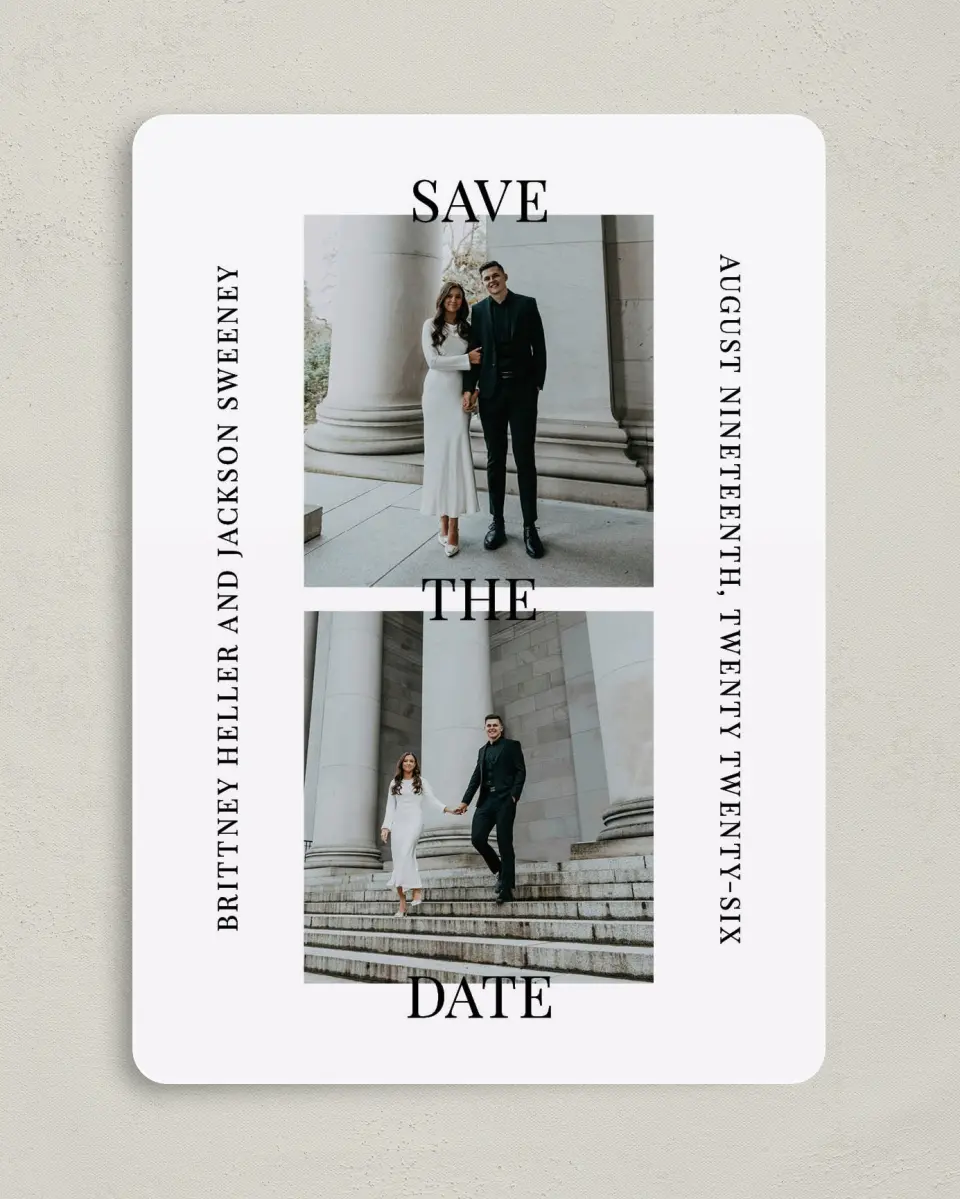 This is a 5" x 7" Save the Date Card called Bold Proclamation printed in full color on Premium Smooth paper