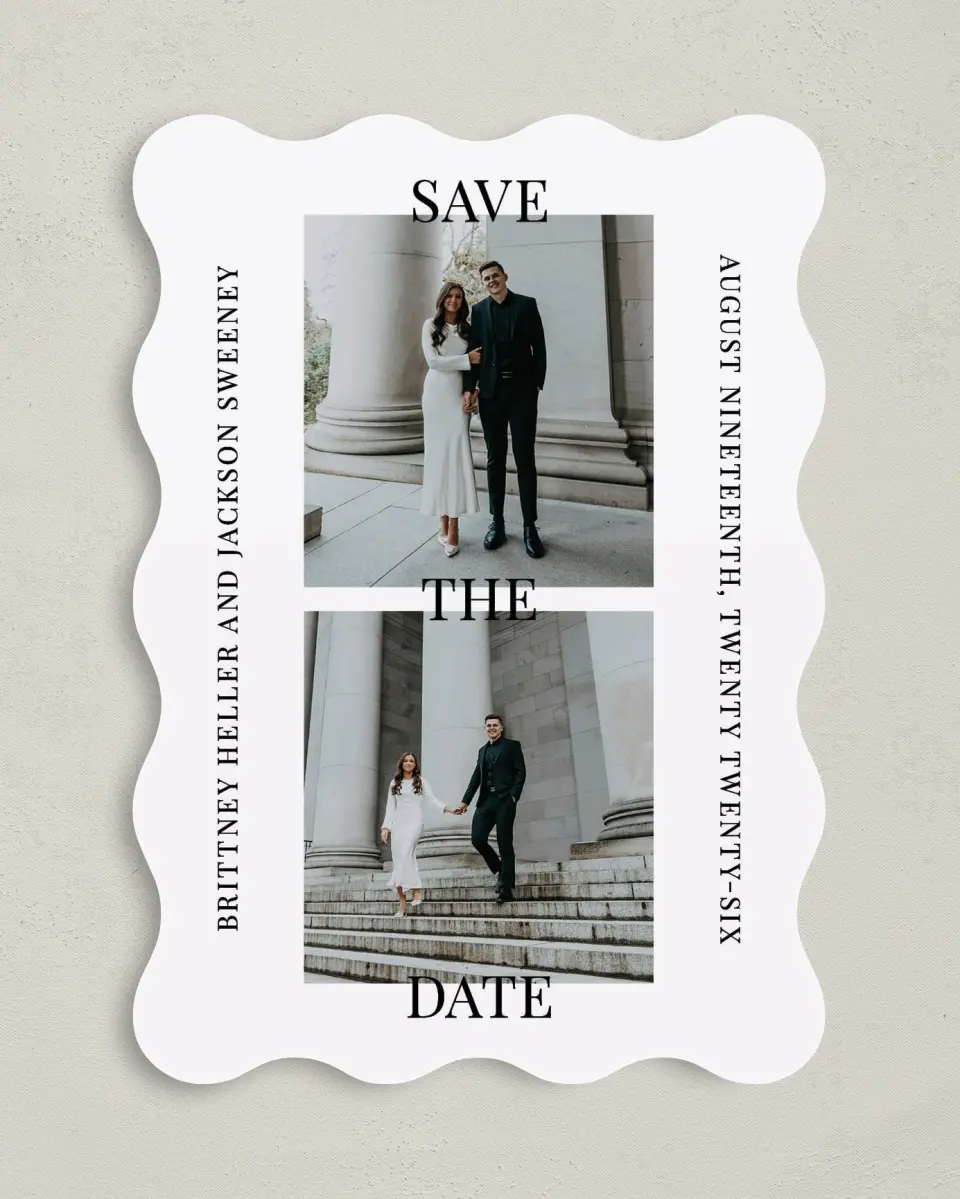 This is a 5" x 7" Save the Date Card called Bold Proclamation printed in full color on Premium Smooth paper