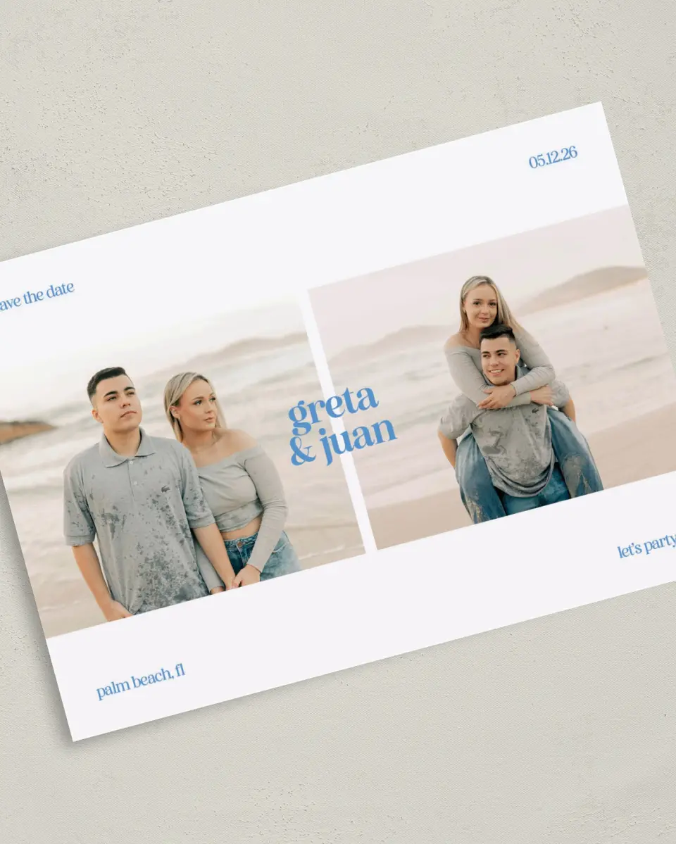 This is a 5" x 7" Save the Date Card called Retro Revelry printed in full color on Premium Smooth paper