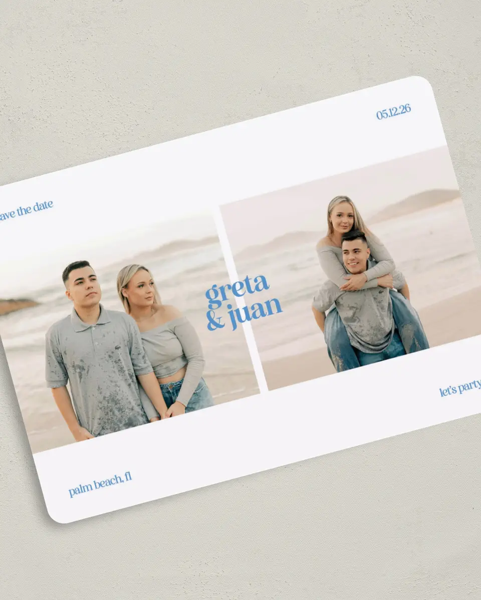 This is a 5" x 7" Save the Date Card called Retro Revelry printed in full color on Premium Smooth paper
