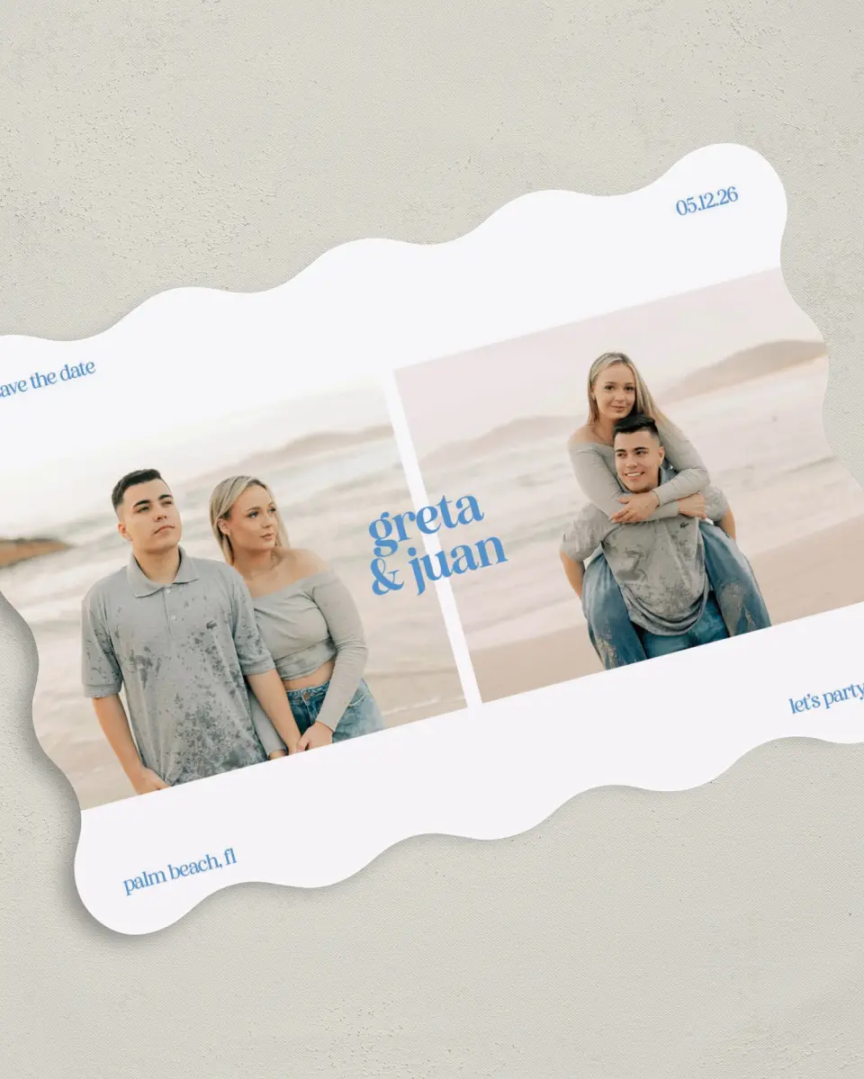 This is a 5" x 7" Save the Date Card called Retro Revelry printed in full color on Premium Smooth paper
