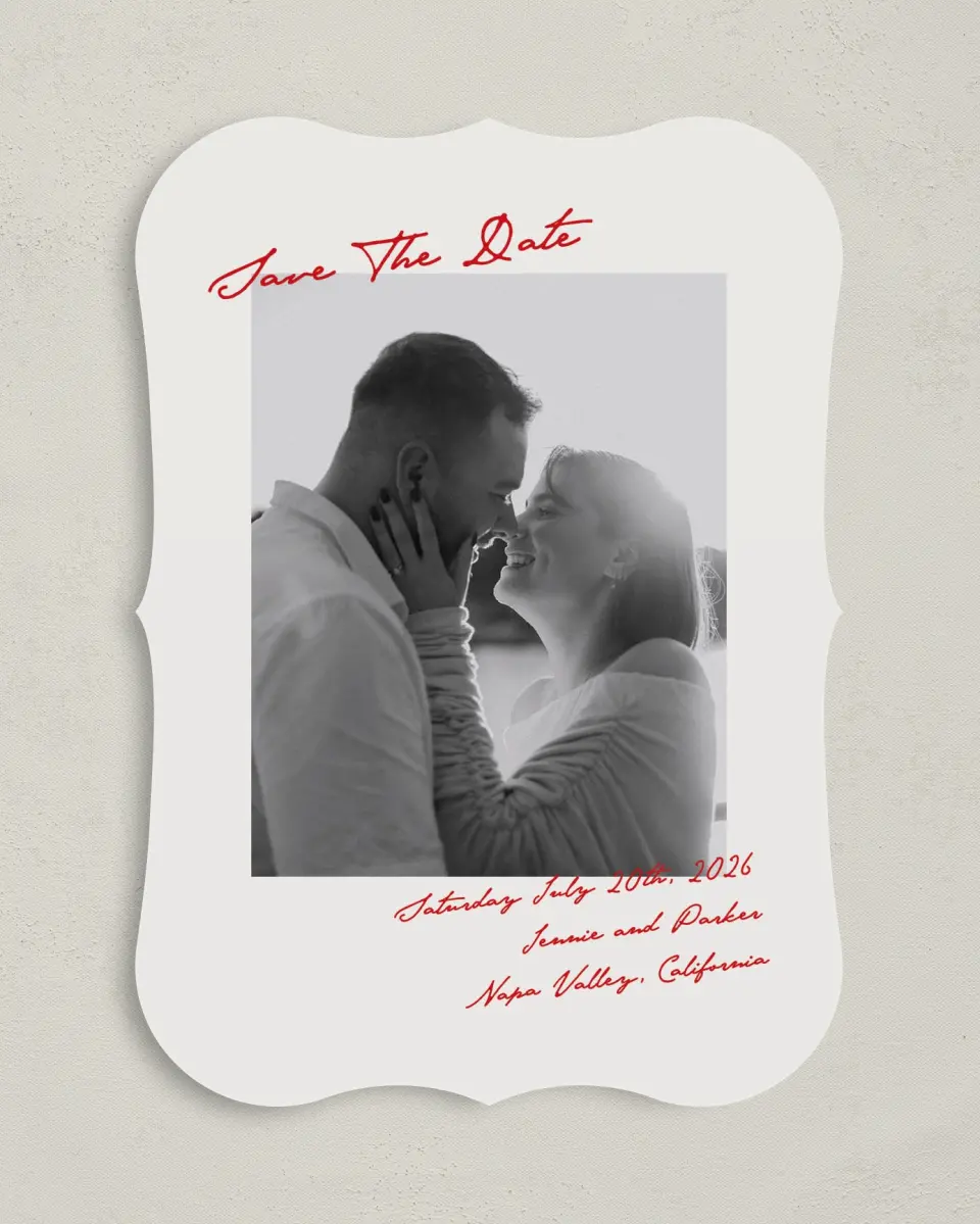 This is a 5" x 7" Save the Date Card called With All Our Love printed in full color on Premium Smooth paper