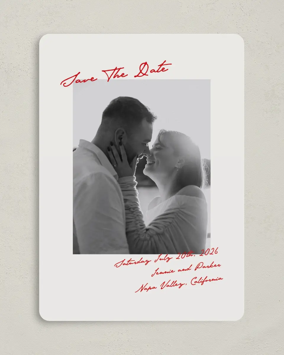 This is a 5" x 7" Save the Date Card called With All Our Love printed in full color on Premium Smooth paper
