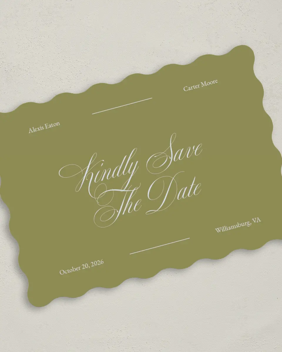 This is a 5" x 7" Save the Date Card called Signature Vows printed in full color on Premium Smooth paper