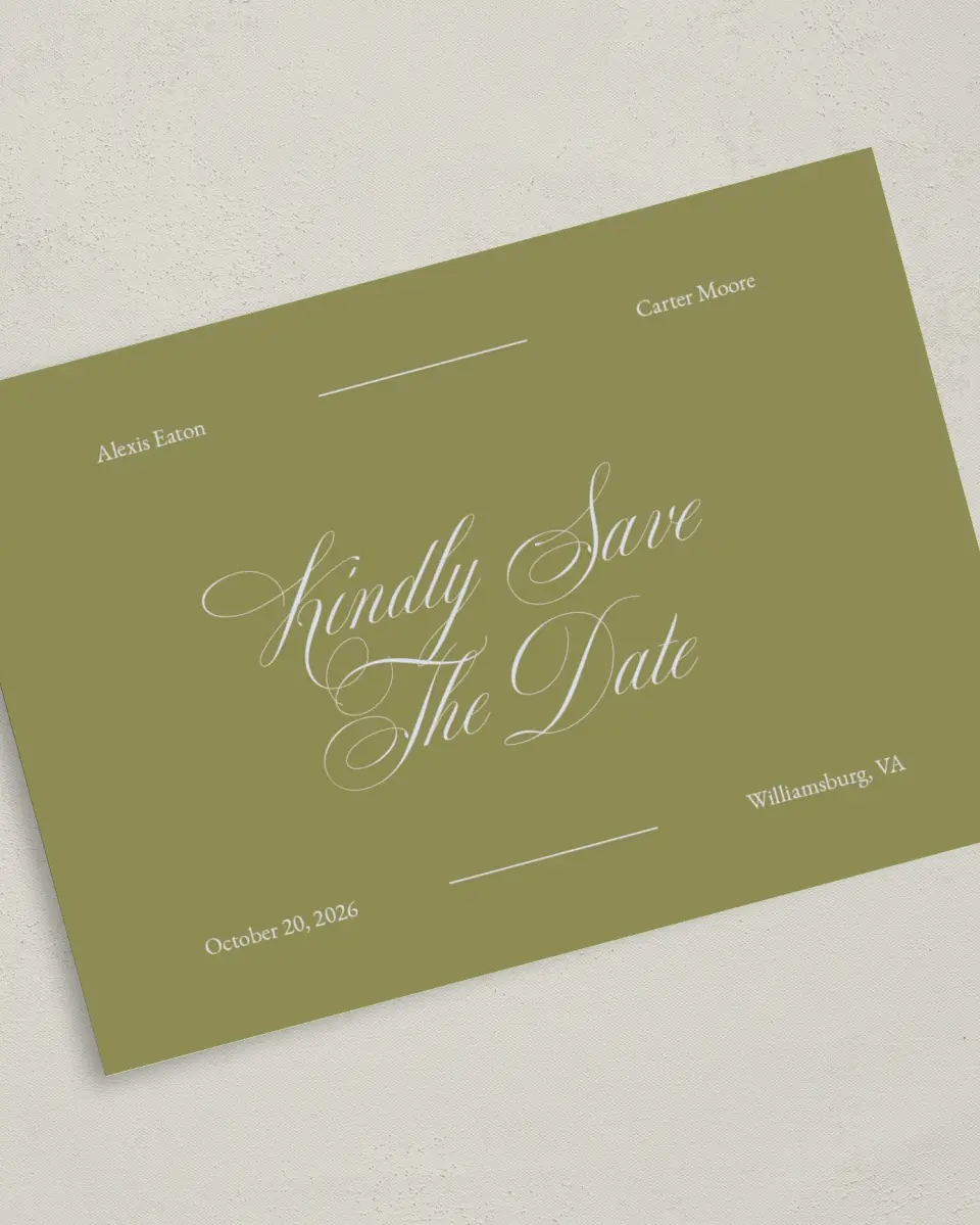 This is a 5" x 7" Save the Date Card called Signature Vows printed in full color on Premium Smooth paper
