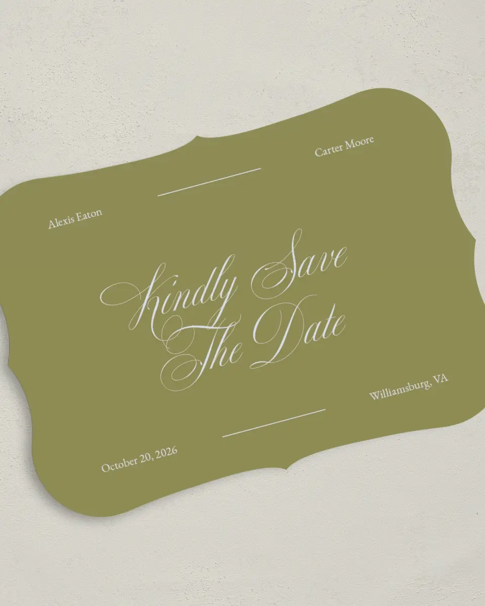 This is a 5" x 7" Save the Date Card called Signature Vows printed in full color on Premium Smooth paper