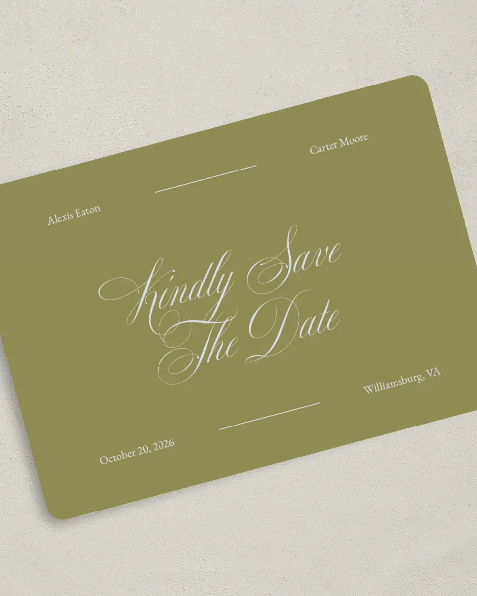 This is a 5" x 7" Save the Date Card called Signature Vows printed in full color on Premium Smooth paper
