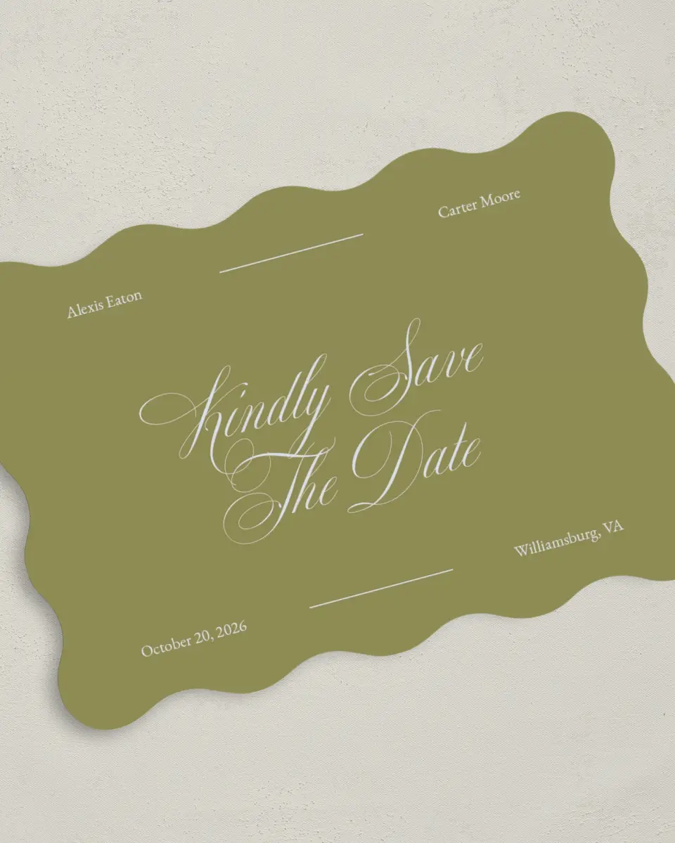 This is a 5" x 7" Save the Date Card called Signature Vows printed in full color on Premium Smooth paper