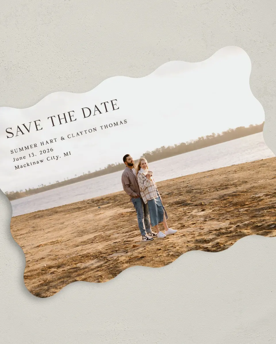 This is a 5" x 7" Save the Date Card called Beacon of Love printed in full color with Silver foil on Luxe Satin (coated) paper