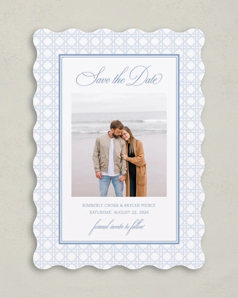 This is a 5" x 7" Save the Date Card called Woven Serenity printed in full color on Premium Smooth paper