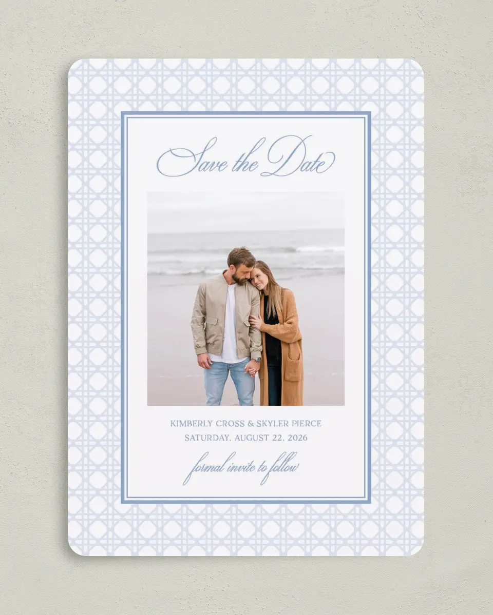 This is a 5" x 7" Save the Date Card called Woven Serenity printed in full color on Premium Smooth paper