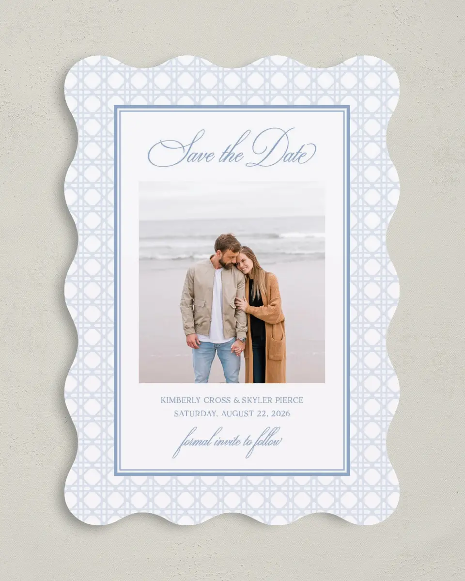 This is a 5" x 7" Save the Date Card called Woven Serenity printed in full color on Premium Smooth paper