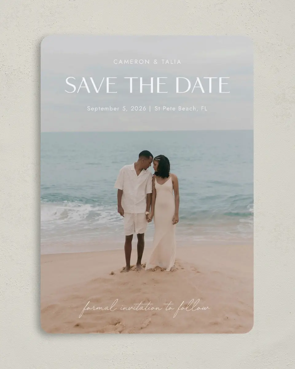 This is a 5" x 7" Save the Date Card called Seaside Serenade printed in full color on Premium Smooth paper