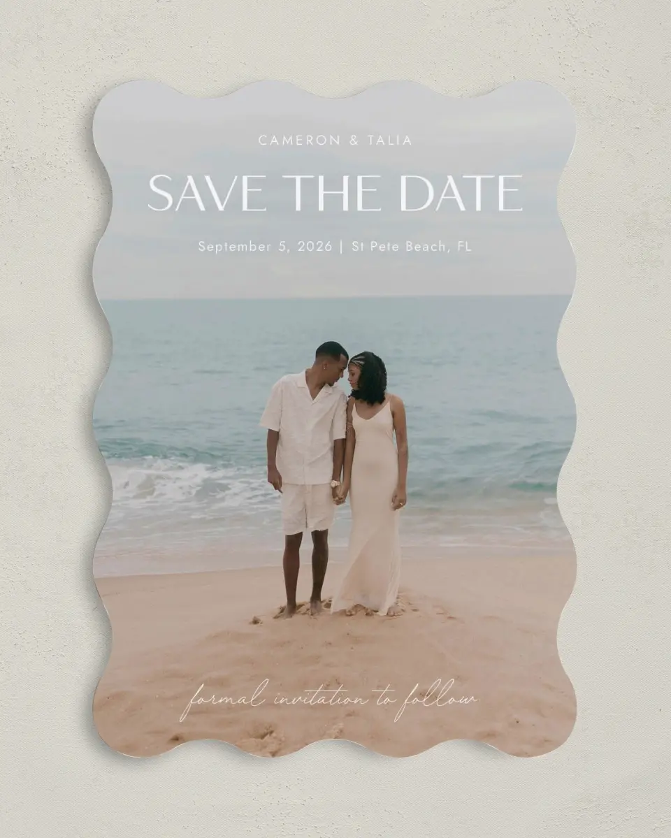 This is a 5" x 7" Save the Date Card called Seaside Serenade printed in full color on Premium Smooth paper