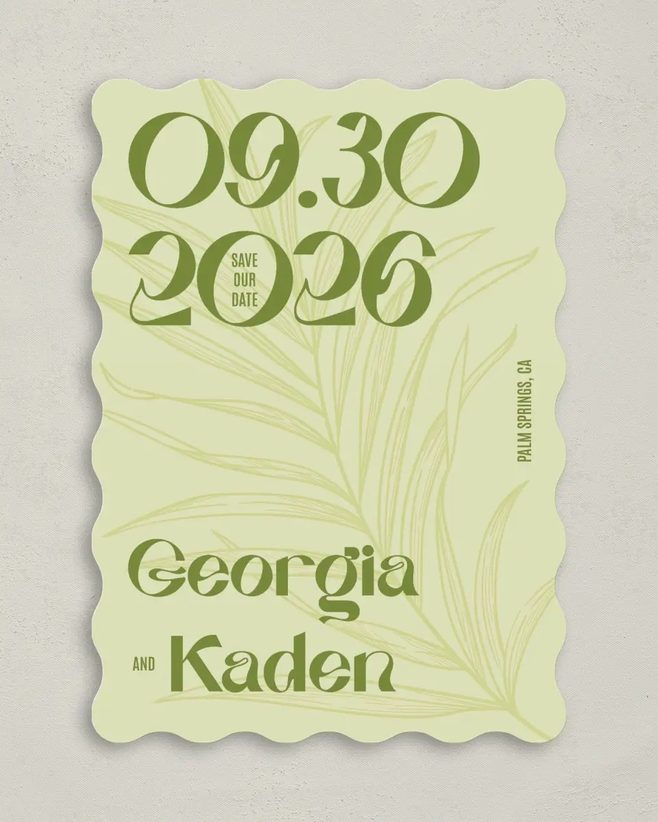 This is a 5" x 7" Save the Date Card called Zephyr printed in full color on Premium Smooth paper