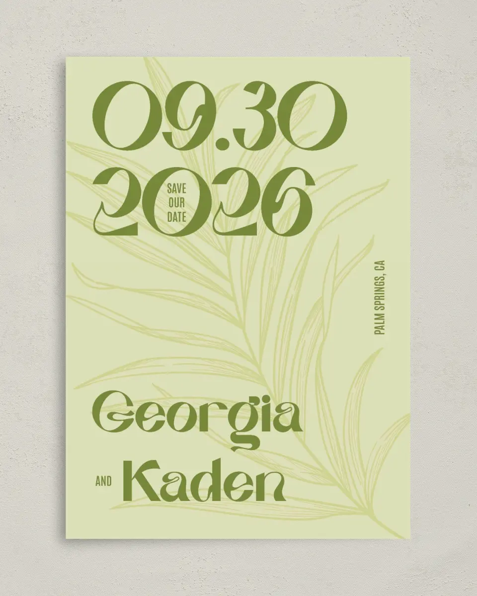 This is a 5" x 7" Save the Date Card called Zephyr printed in full color on Premium Smooth paper