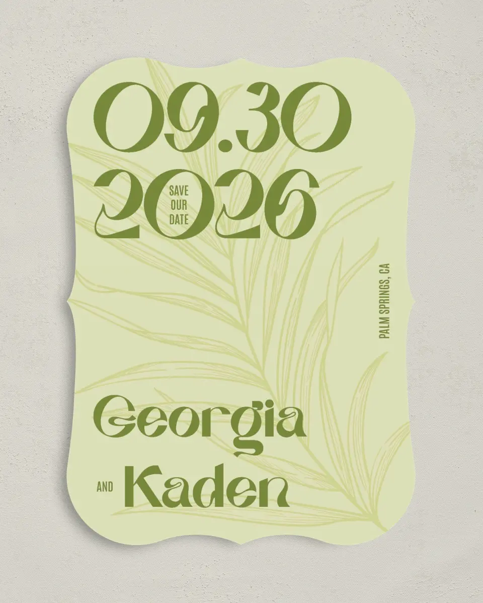 This is a 5" x 7" Save the Date Card called Zephyr printed in full color on Premium Smooth paper