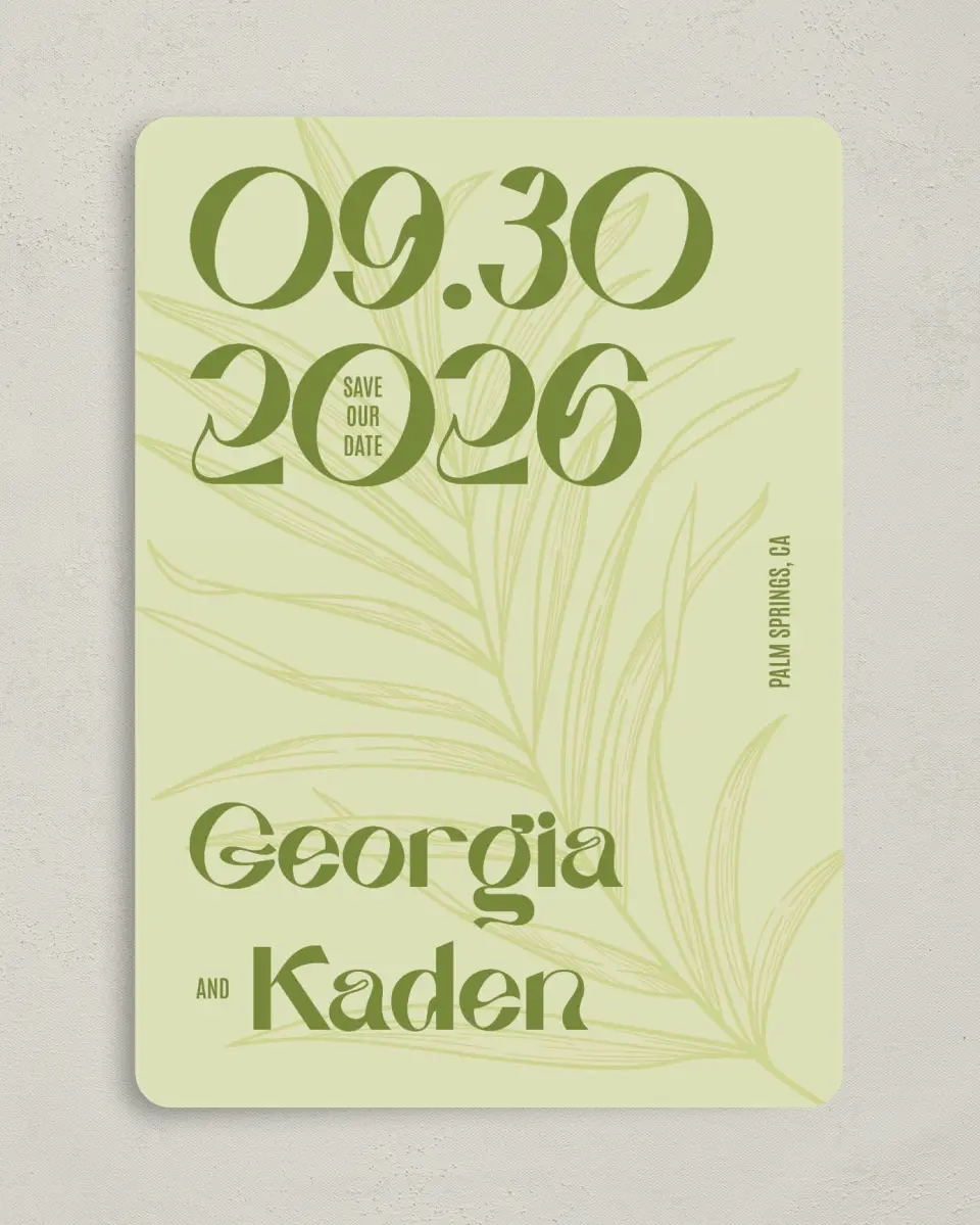 This is a 5" x 7" Save the Date Card called Zephyr printed in full color on Premium Smooth paper