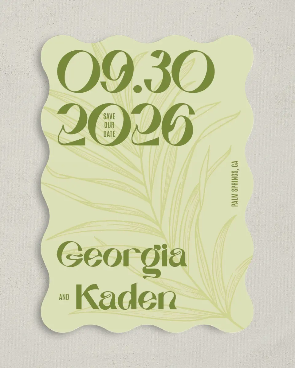 This is a 5" x 7" Save the Date Card called Zephyr printed in full color on Premium Smooth paper