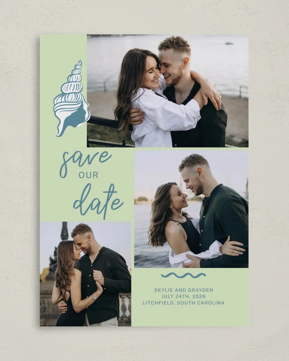 This is a 5" x 7" Save the Date Card called I Hear Wedding Shells printed in full color on Premium Smooth paper