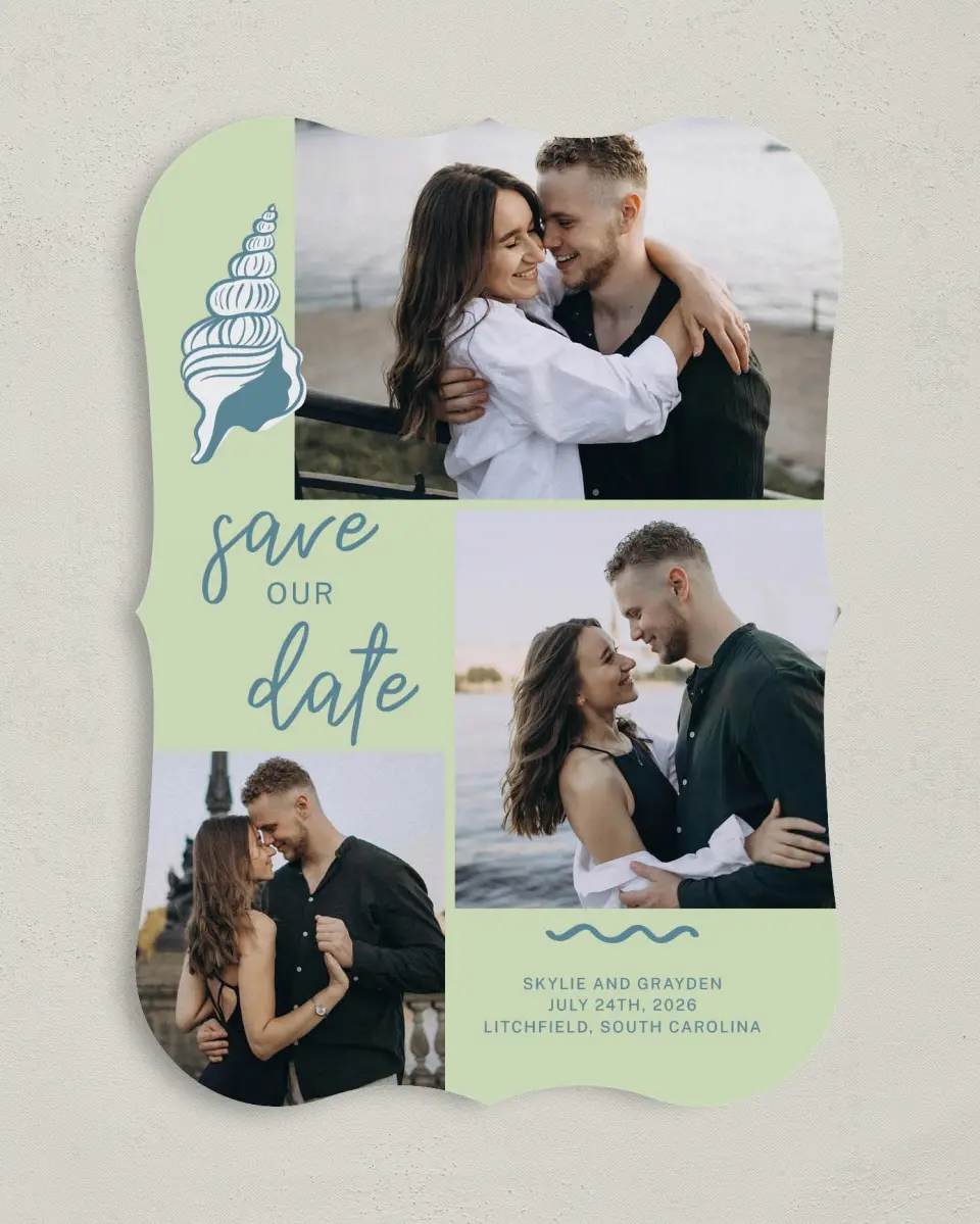 This is a 5" x 7" Save the Date Card called I Hear Wedding Shells printed in full color on Premium Smooth paper