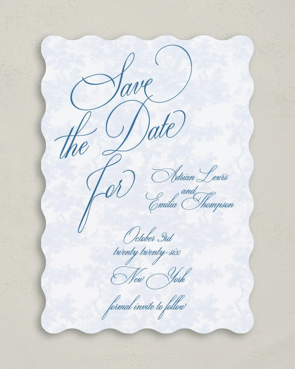 This is a 5" x 7" Save the Date Card called Blue Toile Romance printed in full color on Premium Smooth paper